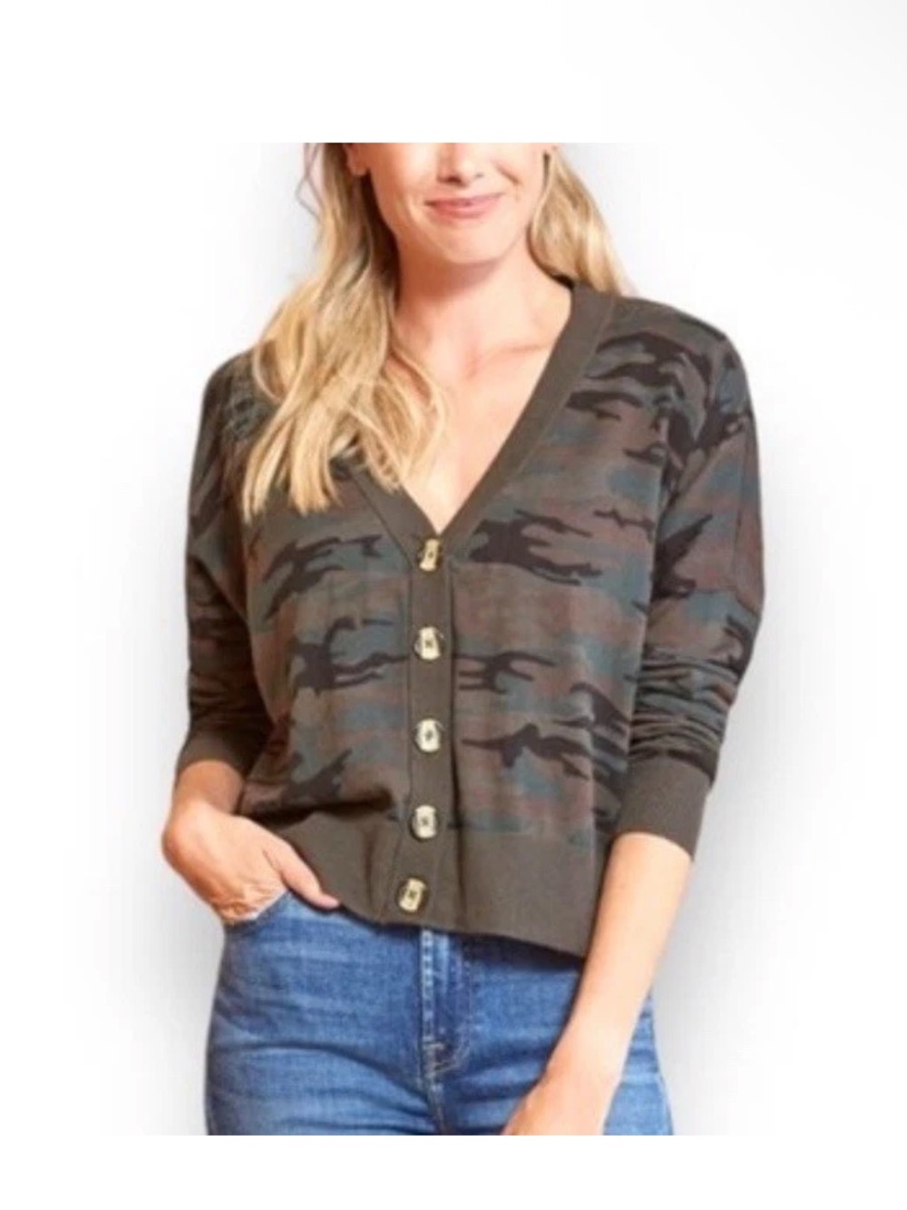 Sanctuary Olive Camo V-Neck Button Cardigan Size XL Lightweight Loose fit